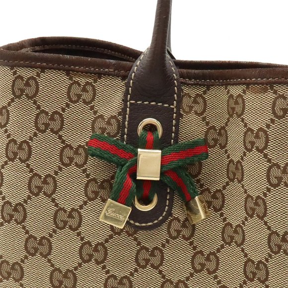 GUCCI Gucci GG Canvas Princely Line Ribbon Tote Bag Shoulder Leather Khaki Be... - Picture 8 of 8